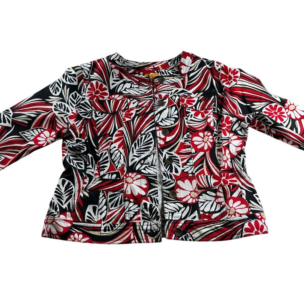Ruby Rd.| Women’s Black Abstract Floral Denim Jacket | Red & White Print | Size